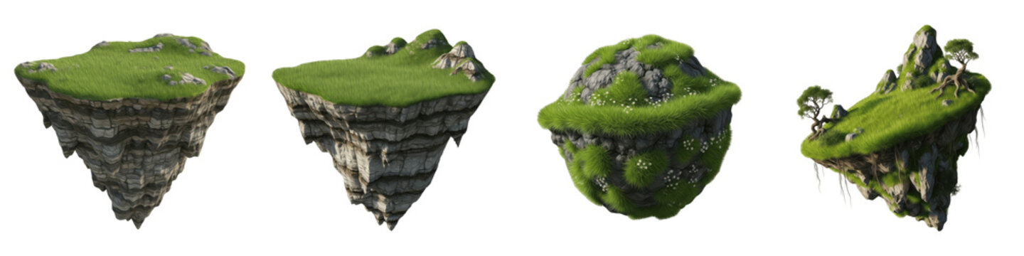 Set of Mystical Floating Islands with Lush Green Grass and Ancient Rocks, Fantasy Flying Land Masses for Game Level Design, 3D Realistic Nature Environment Isolated on White Transparent PNG Background