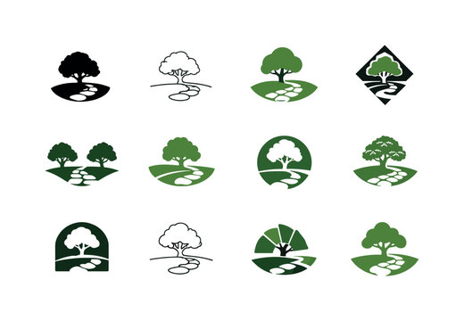 Landscapers designing gardens and yards. Icon set. Set Logo of Landscapers designing gardens and yards: tree and stone path. harmonious logo