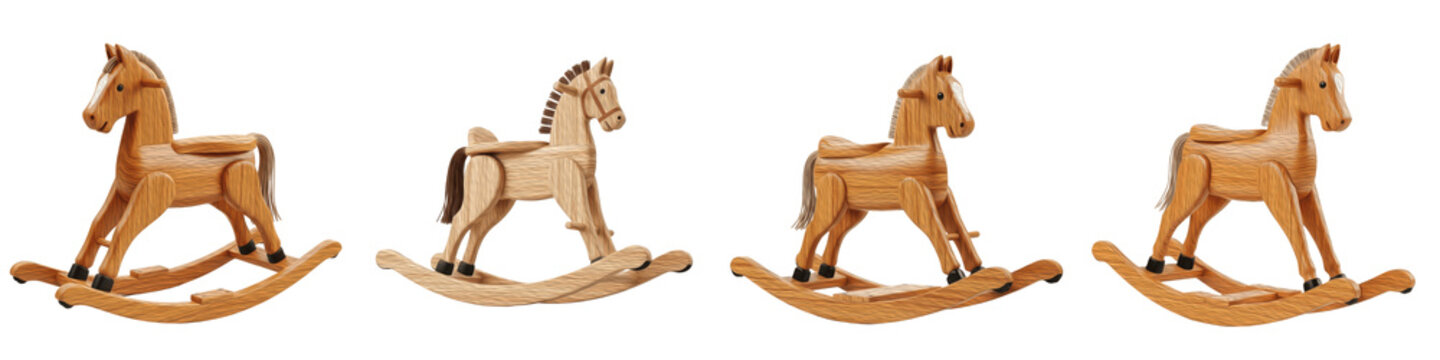 Set of Classic Wooden Rocking Horses, Vintage Nursery Decorative Pony Collection, Realistic Handcrafted Timber Horse Toys for Kids Playroom Isolated on White Transparent PNG Background