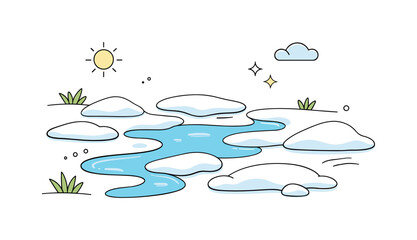 Melting snow details. Abstract ground surface with snow remnants and small puddles forming organic patterns, suggesting transition from