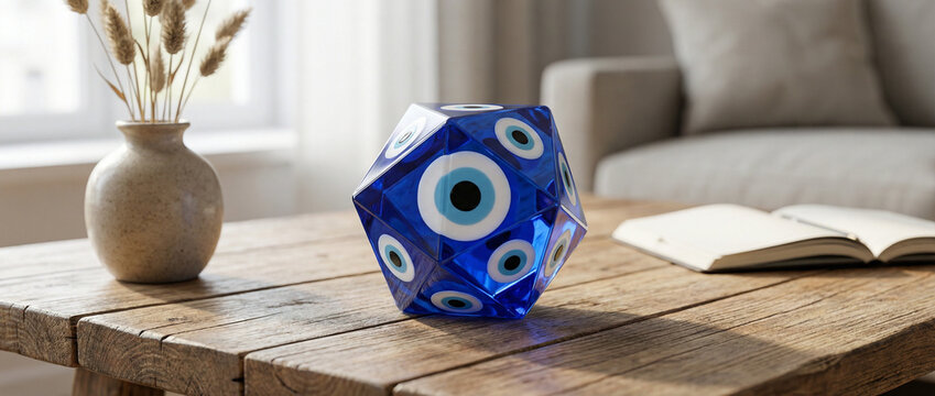 Olho grego em cubo decorativo moderno sobre mesa de madeira &ndash; prote&ccedil;&atilde;o e conceito espiritual