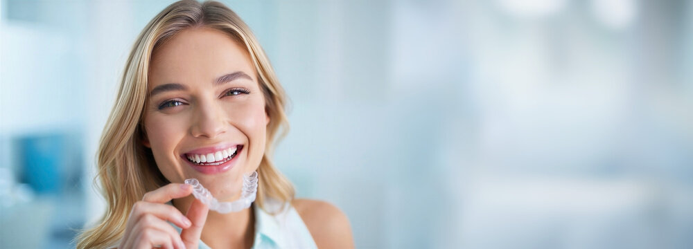 Clear aligners smile banner, modern orthodontics lifestyle, invisible braces confidence, dental beauty care, healthy teeth aesthetics, cosmetic dentistry, transparent aligner treatment, copy space