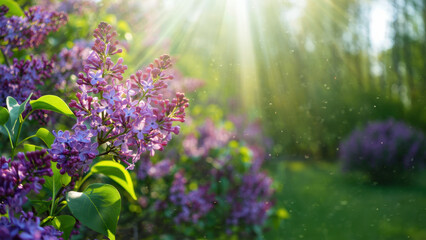Obraz premium Pollen in the air on a sunny day, lilac blooms in springtime garden, allergen particles in warm sunlight, nature allergy season, atmospheric pollen presence, sensitive environment outdoors