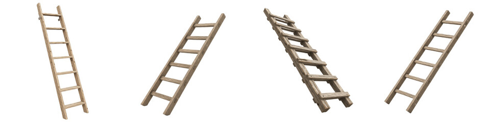 Set of Rustic Wooden Ladders, Vintage Old Timber Step Ladder for Farmhouse or Construction, 3D Realistic Wood Texture Collection Isolated on White Transparent PNG Background © FIDEL CASTRO