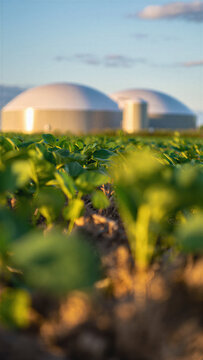 Biogas digesters behind green crop rows at sunrise, biomethane upgrading for grid injection, anaerobic digestion process control, circular bioeconomy farming, decarbonization pathway