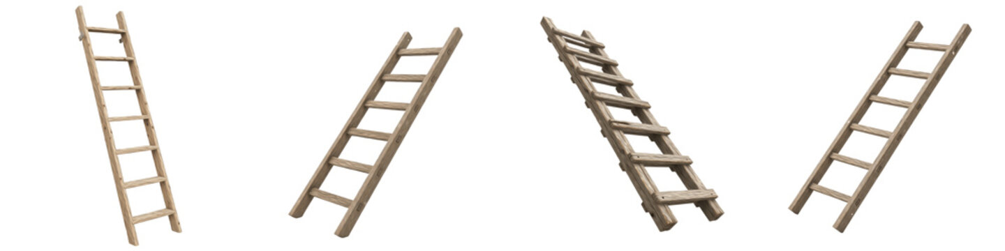 Set of Rustic Wooden Ladders, Vintage Old Timber Step Ladder for Farmhouse or Construction, 3D Realistic Wood Texture Collection Isolated on White Transparent PNG Background