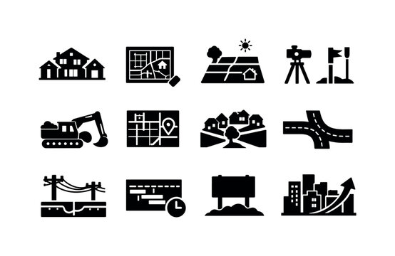 Housing Development. Solid icon set of Housing Development: residential houses, site planning, land plot, survey markers, construction