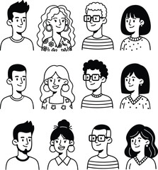 A creative set of twelve diverse hand drawn avatars in a minimalist black and white line art style, ideal for social media profiles and user interface design.