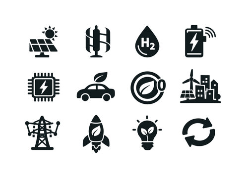 Future Green Technology. Solid icon set of Future Green Technology: next gen solar, vertical wind turbine, hydrogen energy symbol, smart