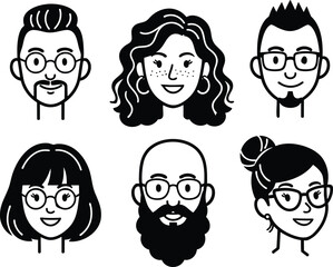 A set of six stylish minimalist vector avatars featuring diverse characters with different hairstyles and eyewear, perfect for modern web profiles and user interface design.