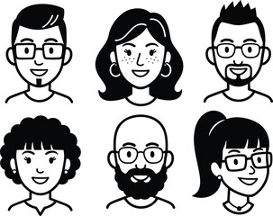 A diverse set of six hand drawn line art avatars featuring various hairstyles, facial hair, and glasses, perfect for modern user profile interface design and social media.