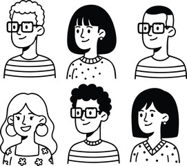 A diverse set of black and white line art avatars featuring various characters with unique hairstyles, glasses, and facial hair for modern web profile design.