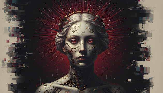 Retrato de mujer cibern&eacute;tica con rostro de estatua agrietada y ojos rojos brillantes, concepto de reina g&oacute;tica oscura y sufrimiento digital con halo radiante.