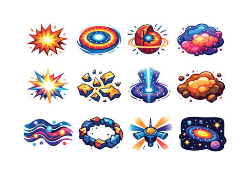 Supernovae. Colorful isometric vector icons set of Supernovae: exploding star, supernova shockwave, stellar core collapse, expanding nebula