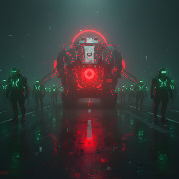 Cami&oacute;n de transporte futurista conduciendo en carretera oscura cyberpunk, concepto de log&iacute;stica de alta tecnolog&iacute;a y env&iacute;o aut&oacute;nomo.