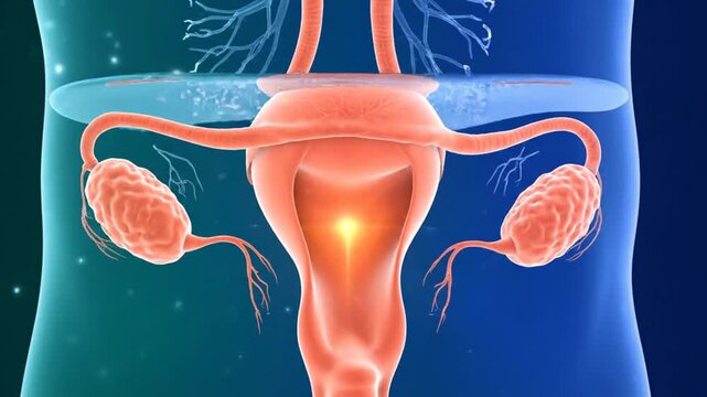 Uterus Ovary Anatomy on Blue Teal Gradient Background Showing Reproductive System For Medical Infographics and