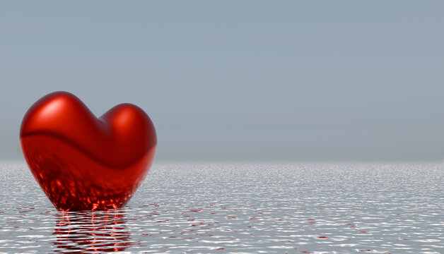 3D render heart shaped red chrome ballon floating on sea water with shine and reflections on it's surface