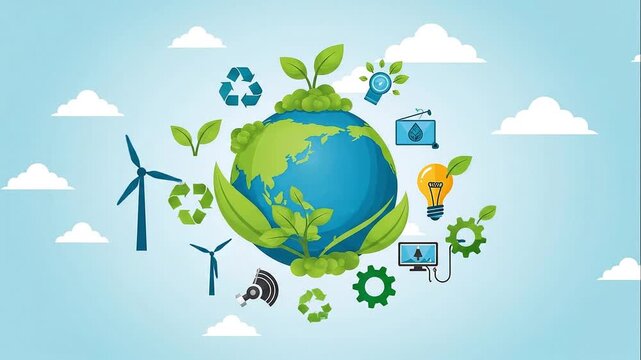 Eco-friendly Earth with solar, wind, and recycling symbols