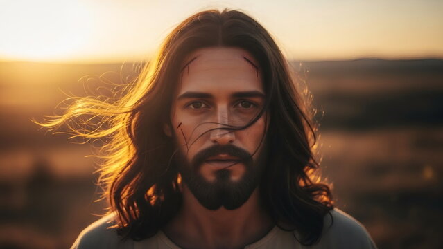 Jesus Christ man with long hair looking seriously at the camera at sunset. Christian religious concept for Easter and worship.