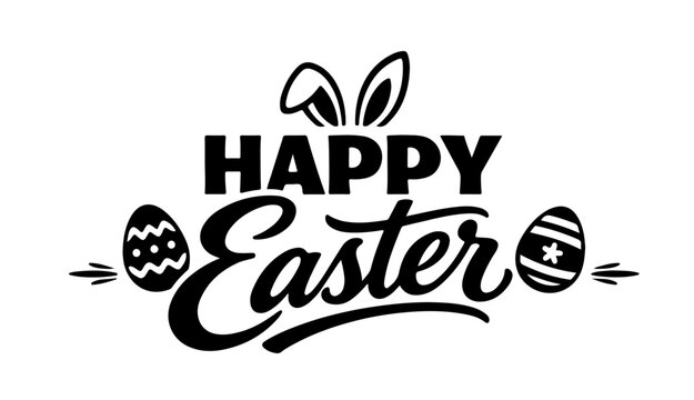 Minimalist black and white Happy Easter typography logo with bunny ears and eggs