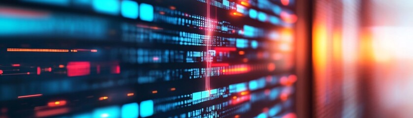 Obraz premium Abstract Digital Matrix Grid with Blue and Red Lights, Glowing Data Flow, Shallow Depth of Field, Futuristic UI Concept, Tech Background. Data, Tech, Future