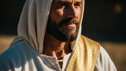 Man depicting Jesus Christ in golden robe and white hood. Religious portrait for Christian themes, Lent, Easter.