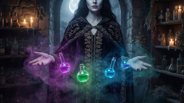 Dark fantasy witch alchemist in gothic chamber, Glowing potion bottles in hands, Magical smoke and candlelight atmosphere, Cinematic sorcery concept art, Medieval occult mood, Copy space