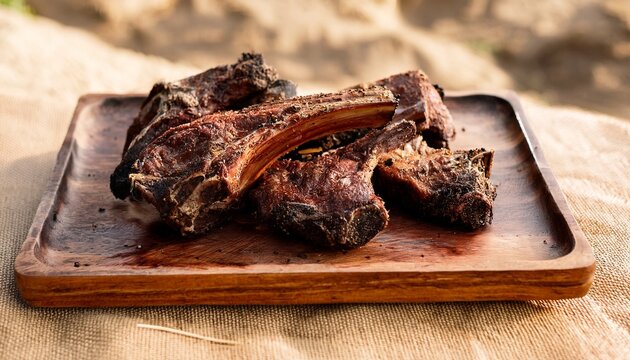 Smoky Kymys Boiled Horse Meat Ribs Served On Burnt Wood Plate At An Outdoor Setting With Pale Sand Background