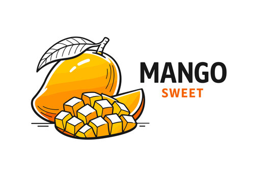 Sweet yellow mango with leaf and cubes illustration