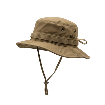 Khaki outdoor bucket hat with chin strap isolated on transparent background