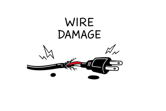 Damaged electrical wire with exposed cables and plug