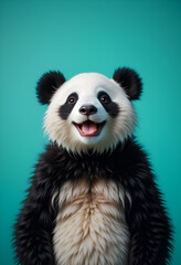 Obraz premium portrait of cute smiling black-white panda bear against vibrant turquoise background. illustration Ai generated