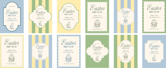 Naklejka premium Easter brunch invitation card set with pastel colors, vintage frames, bunny and egg illustrations, perfect for Easter invitations, spring events, menus, and templates