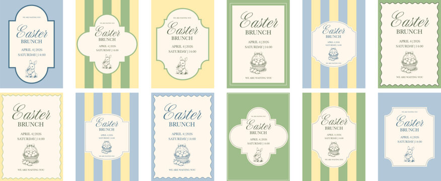 Easter brunch invitation card set with pastel colors, vintage frames, bunny and egg illustrations, perfect for Easter invitations, spring events, menus, and templates