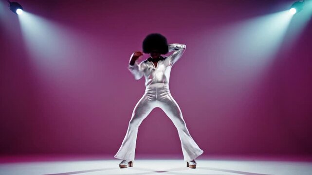 Stylish retro 70s disco dancer with an afro singing under purple spotlights.