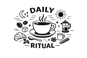 Obraz premium Daily ritual coffee scene with cup, croissant, and french press illustration