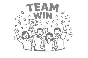 Fototapeta premium Happy diverse team celebrating victory with trophy and confetti