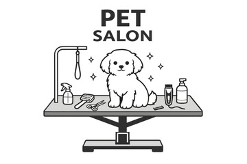 Adorable dog at pet salon grooming table with tools