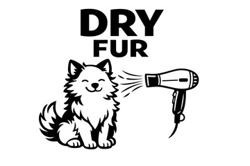 Obraz premium Smiling dog with hairdryer and dry fur text in black and white illustration