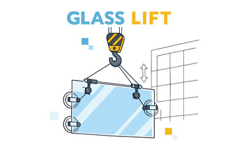 Fototapeta premium Industrial glass lift mechanism illustration with four suction cups and crane hook