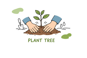 Obraz premium Hands planting tree sapling in soil with gardening tools and leaves