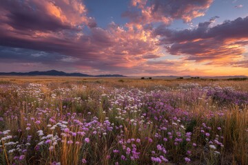 Naklejka premium Wide grassland scene with wildflowers in bloom beneath a colorful horizon