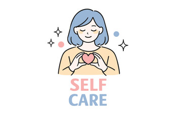 Obraz premium Cartoon asian female practicing self-care with heart and stars illustration