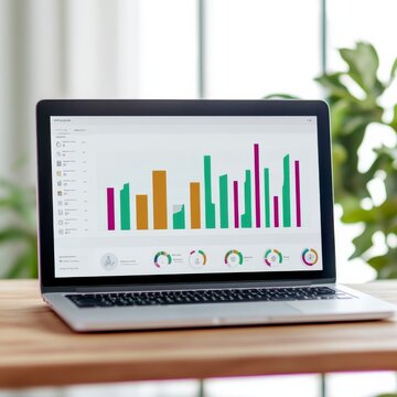 Laptop displaying colorful bar graphs and data charts, symbolizing analysis and growth on a wooden desk with blurred green plant in the background. ,data visualization,analytics