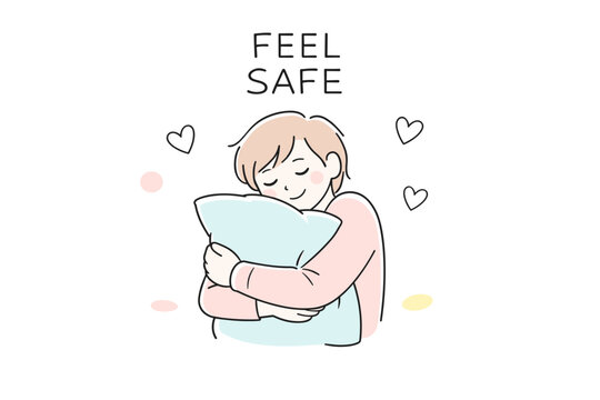 Young person hugging pillow with hearts and feel safe message