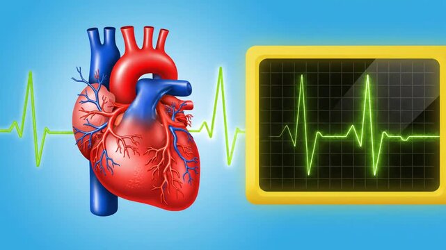 Medical Animation of Human Heart with ECG Monitor Displaying Heartbeat.