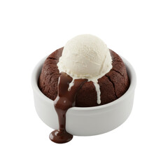 Chocolate Lava Cake With Vanilla Ice Cream In White Bowl, Melted Chocolate Dripping
