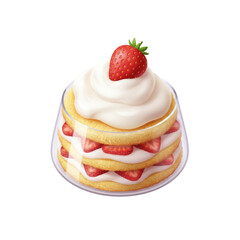 digitally rendered dessert featuring three layers of golden sponge cake, strawberry slices, and creamy white icing, topped with a fresh strawberry