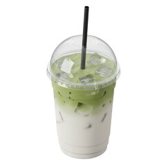 A clear plastic cup filled with green iced tea, ice cubes, and white tea, topped with a black plastic straw