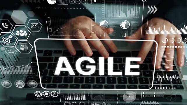 Hands Typing on Laptop Surrounded by Business Analytics Icons and Agile Practices in Modern Workspace Environment. Asymptotic smart data analytic.